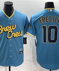 Men's Milwaukee Brewers #10 Sal Frelick 2022 Powder Blue City Connect Cool Base Stitched Jersey