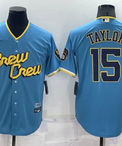 Men's Milwaukee Brewers #15 Tyrone Taylor 2022 Powder Blue City Connect Cool Base Stitched Jersey