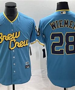 Men's Milwaukee Brewers #28 Joey Wiemer 2022 Powder Blue City Connect Cool Base Stitched Jersey