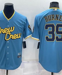 Men's Milwaukee Brewers #39 Corbin Burnes 2022 Powder Blue City Connect Cool Base Stitched Jersey