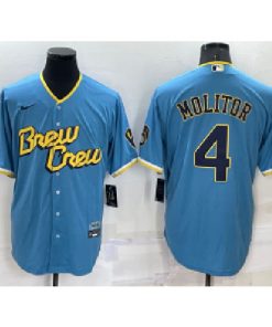 Men's Milwaukee Brewers #4 Paul Molitor 2022 Powder Blue City Connect Cool Base Stitched Jersey