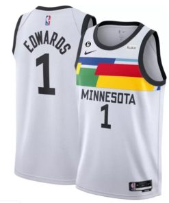 Men's Minnesota Timberwolves #1 Anthony Edwards White 2022-23 City Edition With NO.6 Patch Stitched Jersey