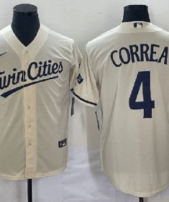 Men's Minnesota Twins #4 Carlos Correa Cream Cool Base Stitched Jersey