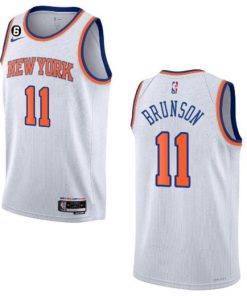 Men's New Yok Knicks #11 Jalen Brunson White With NO.6 Patch Stitched Basketball Jersey