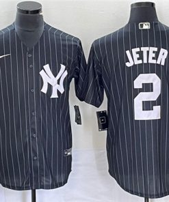 Men's New York Yankees #2 Derek Jeter Black Cool Base Stitched Baseball Jersey