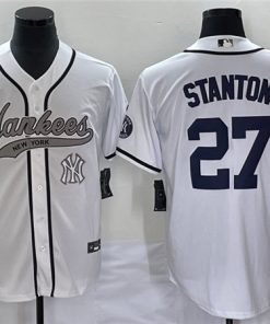 Men's New York Yankees #27 Giancarlo Stanton White With Patch Cool Base Stitched Baseball Jersey
