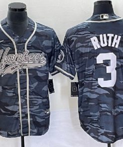 Men's New York Yankees #3 Babe Ruth Gray Camo With Patch Cool Base Stitched Baseball Jersey