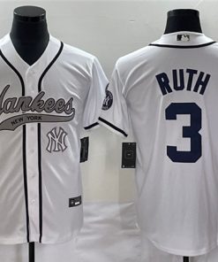 Men's New York Yankees #3 Babe Ruth White With Patch Cool Base Stitched Baseball Jersey