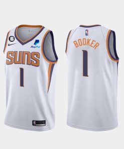 Men's Phoenix Suns #1 Devin Booker White Association Edition With NO.6 Patch Stitched Basketball Jersey
