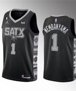 Men's San Antonio Spurs #1 Victor Wembanyama Black 2022-23 Statement Edition With NO.6 Patch Stitched Basketball Jersey