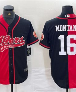 Men's San Francisco 49ers #16 Joe Montana Red Black Split With Patch Cool Base Stitched Baseball Jersey