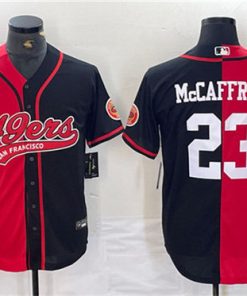 Men's San Francisco 49ers #23 Christian McCaffrey Red Black Split With Patch Cool Base Stitched Baseball Jersey