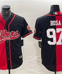 Men's San Francisco 49ers #97 Nick Bosa Red Black Split With Patch Cool Base Stitched Baseball Jersey