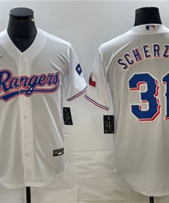 Men's Texas Rangers #31 Max Scherzer White With Patch Cool Base Stitched Baseball Jersey