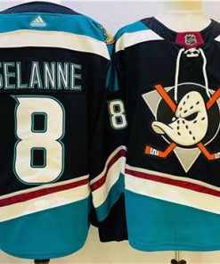 Men's Anaheim Ducks #8 Teemu Selanne Black Teal Stitched Jersey