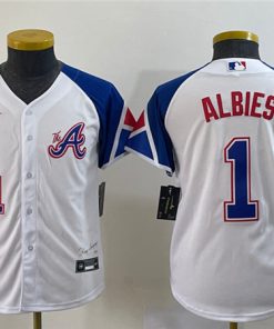 Women's Atlanta Braves #1 Ozzie Albies White 2023 City Connect With Patch Stitched Baseball Jersey(Run Small)