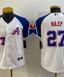 Women's Atlanta Braves #27 Austin Riley White 2023 City Connect With Patch Stitched Baseball Jersey(Run Small)
