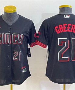Women's Cincinnati Reds #21 Hunter Greene Black 2023 City Connect With Patch Stitched Baseball Jersey(Run Small)