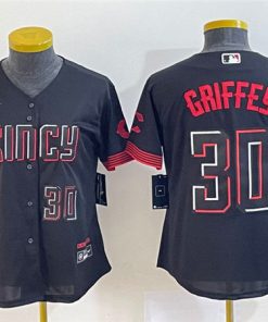 Women's Cincinnati Reds #30 Ken Griffey Jr. Black 2023 City Connect With Patch Stitched Baseball Jersey(Run Small)