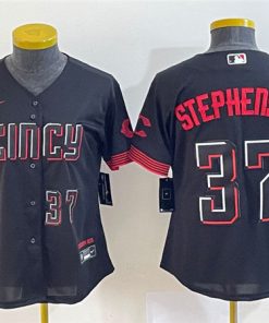 Women's Cincinnati Reds #37 Tyler Stephenson Black 2023 City Connect With Patch Stitched Baseball Jersey(Run Small)