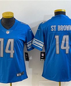 Women's Detroit Lions #14 Amon-Ra St. Brown Blue Vapor Limited Stitched Football Jersey(Run Smaller)