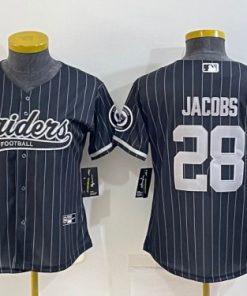 Women's Las Vegas Raiders #28 Josh Jacobs Black With Patch Cool Base Stitched Baseball Jersey(Run Small)1