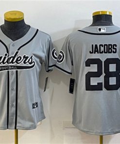 Women's Las Vegas Raiders #28 Josh Jacobs Gray With Patch Cool Base Stitched Baseball Jersey(Run Small)