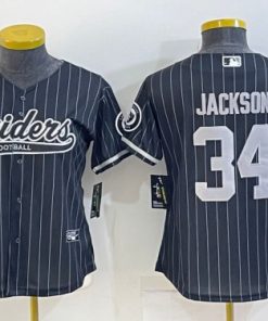 Women's Las Vegas Raiders #34 Bo Jackson Black With Patch Cool Base Stitched Baseball Jersey(Run Small)1