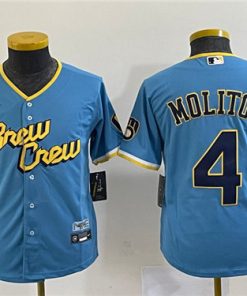 Women's Milwaukee Brewers #4 Paul Molitor 2022 Powder Blue City Connect Cool Base Stitched Jersey(Run Small)