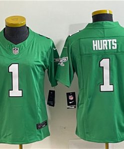 Women's Philadelphia Eagles #1 Jalen Hurts Green 2023 F.U.S.E. Stitched Football Jersey(Run Small)