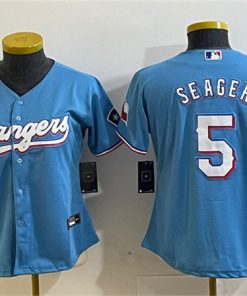 Women's Texas Rangers #5 Corey Seager Blue With Patch Stitched Baseball Jersey(Run Small)