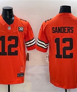 Men's Cleveland Browns #12 Shedeur Sanders Orange 2025 Draft F.U.S.E. With Jim Brown Memorial & Home Patch Vapor Limited Football Stitched Jersey
