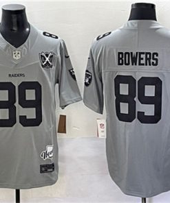 Men's Las Vegas Raiders #89 Brock Bowers Gray 2024 F.U.S.E With Nevada Silver Stat Patch And 65th Anniversary Patch Stitched Football Jersey