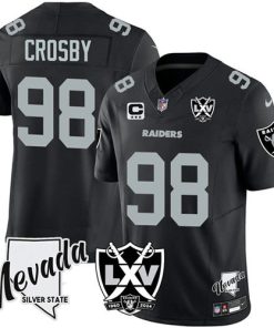 Men's Las Vegas Raiders #98 Maxx Crosby Black 2024 F.U.S.E With Nevada Silver Stat Patch And 65th Anniversary Patch 3-Star C Patch Football Stitched Jersey