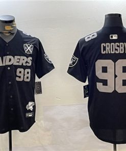 Men's Las Vegas Raiders #98 Maxx Crosby Black With Nevada Silver Stat Patch And 65th Anniversary Patch 3-Star C Patch Stitched Baseball Jersey