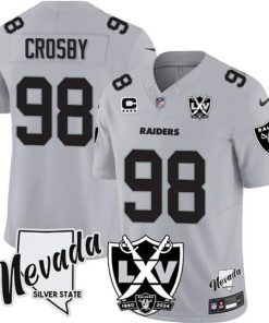 Men's Las Vegas Raiders #98 Maxx Crosby Gray 2024 F.U.S.E With Nevada Silver Stat Patch And 65th Anniversary Patch 4-Star C Patch Football Stitched Jersey