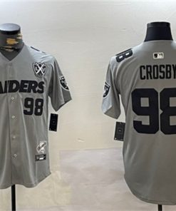 Men's Las Vegas Raiders #98 Maxx Crosby Gray With Nevada Silver Stat Patch And 65th Anniversary Patch 3-Star C Patch Stitched Baseball Jersey