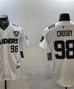 Men's Las Vegas Raiders #98 Maxx Crosby White With Nevada Silver Stat Patch And 65th Anniversary Patch 3-Star C Patch Stitched Baseball Jersey