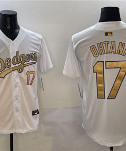 Men's Los Angeles Dodgers #17 Shohei Ohtani White 2025 Gold Collection Elite Stitched Baseball Jersey
