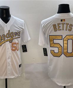 Men's Los Angeles Dodgers #50 Mookie Betts White 2025 Gold Collection Elite Stitched Baseball Jersey