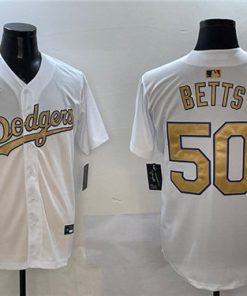 Men's Los Angeles Dodgers #50 Mookie Betts White 2025 Gold Collection Stitched Baseball Jersey
