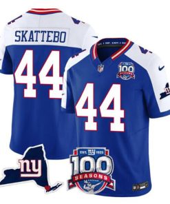 Men's New York Giants #44 Cam Skattebo Royal White 2025 Draft F.U.S.E. 100th Season & State Patch Vapor Limited Football Stitched Jersey