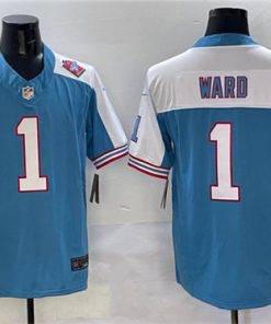 Men's Tennessee Titans #1 Cameron Ward Blue White 2025 Draft F.U.S.E. 1997 Throwback Patch Vapor Limited Football Stitched Jersey
