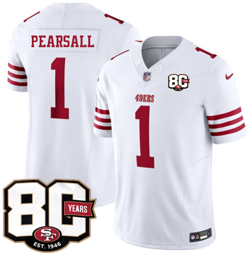 Men's San Francisco 49ers #1 Ricky Pearsall White 80th Anniversary Patch 2026 F.U.S.E. Vapor Untouchabl2026 F.U.S.E. Vapor Untouchable Limited Stitched Football Jersey