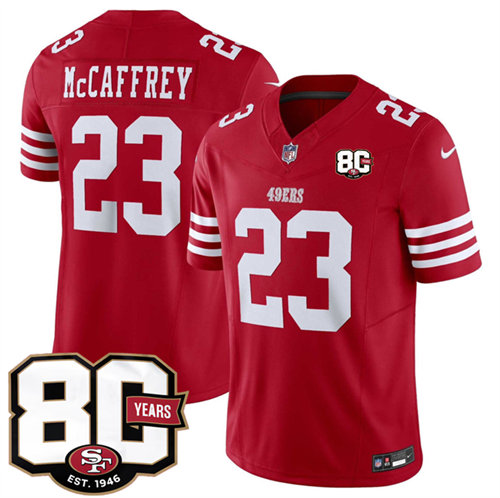 Men's San Francisco 49ers #23 Christian McCaffrey Red 80th Anniversary Patch 2026 F.U.S.E. Vapor Untouchabl2026 F.U.S.E. Vapor Untouchable Limited Stitched Football Jersey